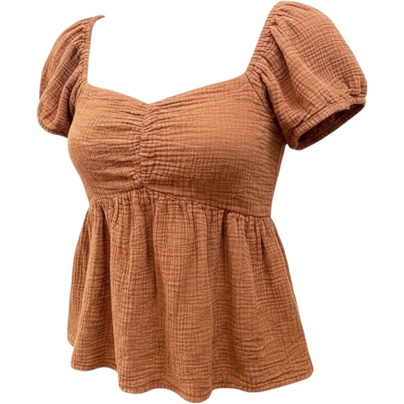 Japna Tops - Japna Babydoll Top Womens Large Rust Orange Gauze Smocked‎ Back Flutter Sleeve